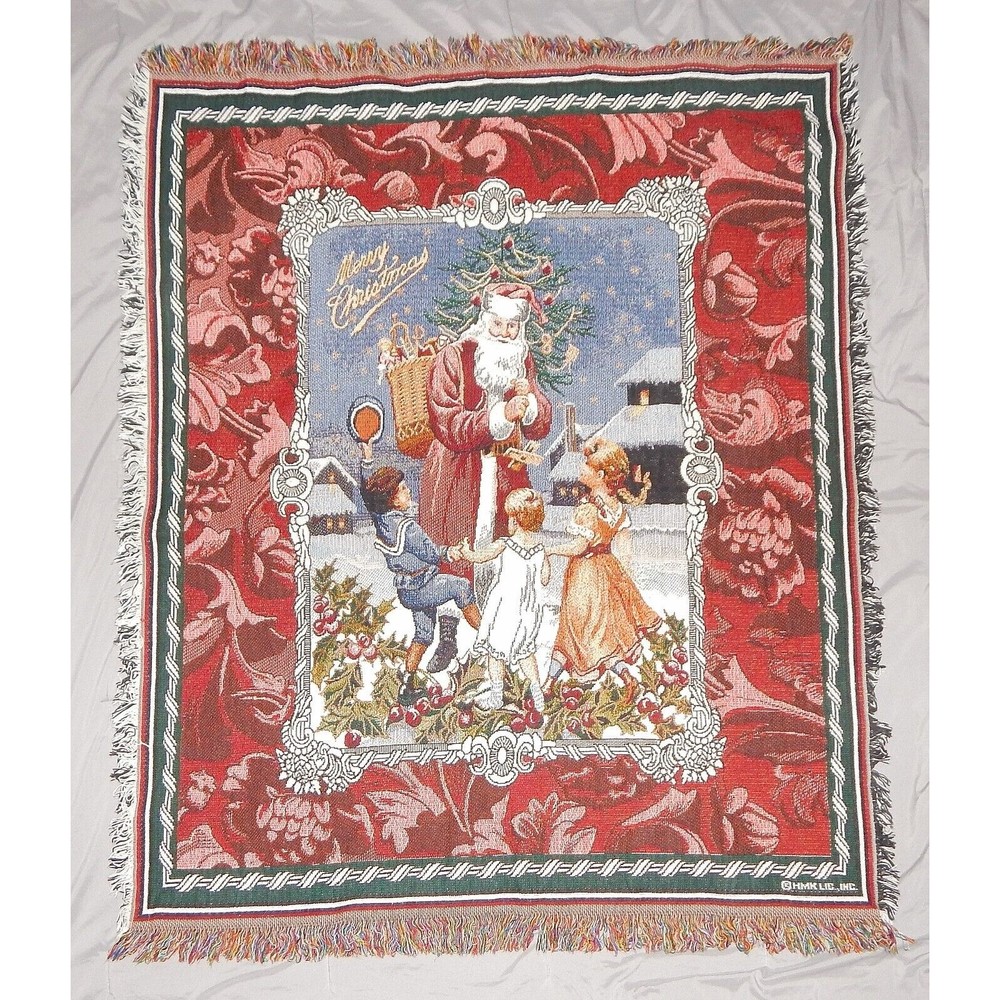 Merry Christmas Santa Claus With Children Woven Fringed Thrown 44x53 By Hallmark